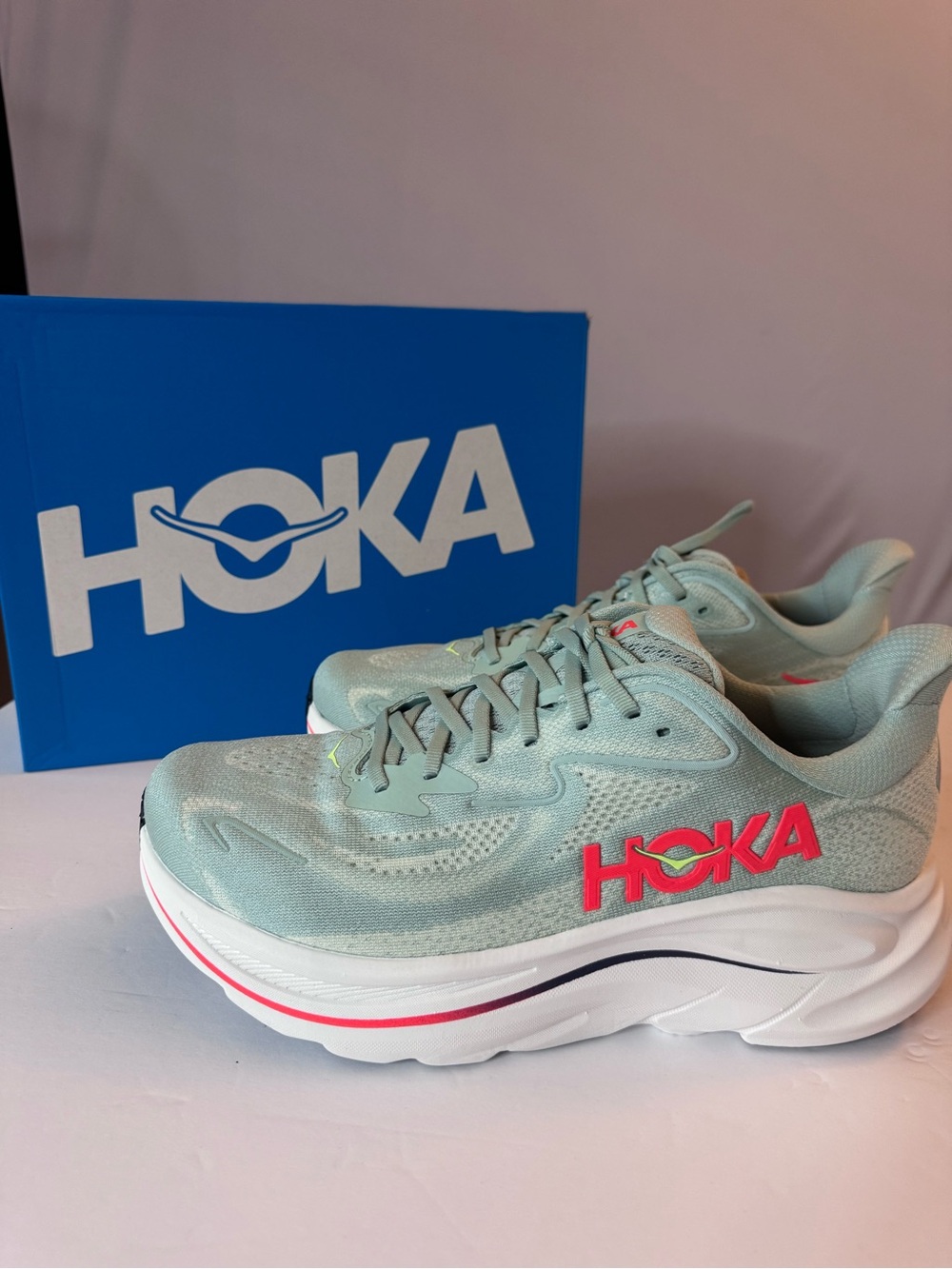 Men’s 9EE Hoka Mint Green Running Shoes with Pink Logo